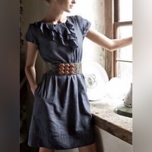 Anthropologie Maeve Denim Dress Size Medium Ruffle Midi Short Sleeve CottageCore